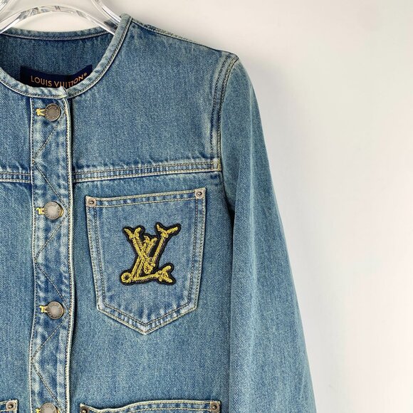 Louis Vuitton XS Logo Embroidered Cotton Denim Jacket Single-Breasted Long-Sleev - Picture 7 of 8